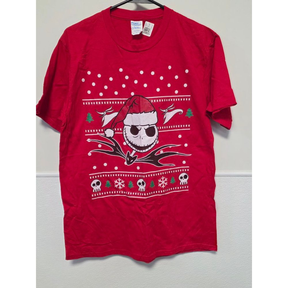 Men's Port & Company Jack Skellington Christmas‎ Red White Short Sleeve Tee M
